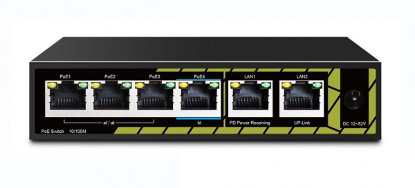 TSn-4FP6F2P Коммутатор с питанием по PoE In, 4 x 100 Мбит/с PoE порта (3 порта 802.3af/at, 1 порт 802.3af/at/bt) + 2 x 100 Мбит/с порта Uplink Фото