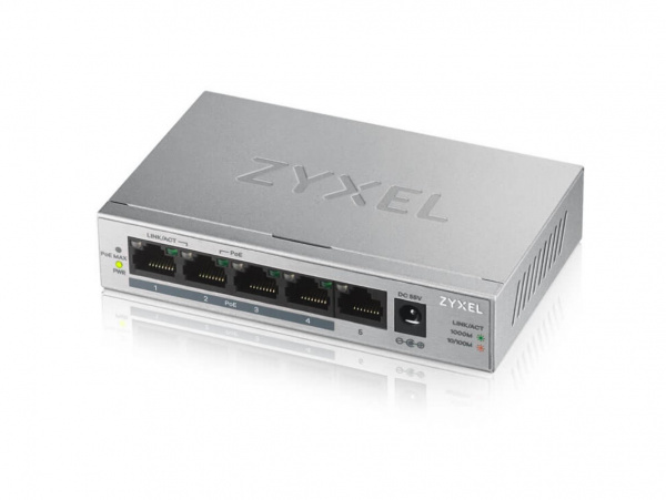 Коммутатор PoE+ Zyxel GS1005HP, 5xGE (4xPoE+), настольный, металлический, бесшумный, бюджет PoE 60 В Фото
