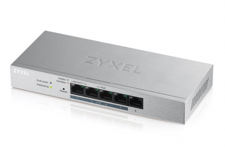 Smart коммутатор PoE+ Zyxel GS1200-5HP, 5xGE (4xPoE+), настольный, бесшумный, бюджет PoE 60 Вт Фото