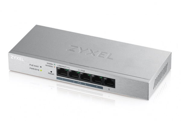 Smart коммутатор PoE+ Zyxel GS1200-5HP, 5xGE (4xPoE+), настольный, бесшумный, бюджет PoE 60 Вт Фото