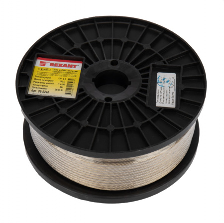 Трос стальной в ПВХ оплетке d=4,0 мм, прозрачный (бухта 100 м)  REXANT Фото