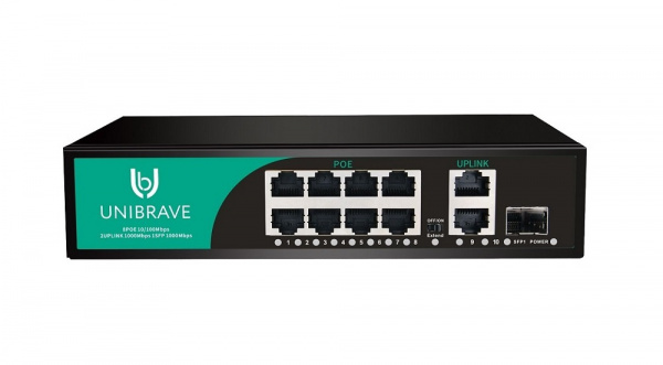 UB-SW-8F2G1SFP-120 Base Неуправляемый коммутатор Unibrave с поддержкой PoE на 8 портов, 2 Uplink 1000 Мбит/с, 1 SFP Фото